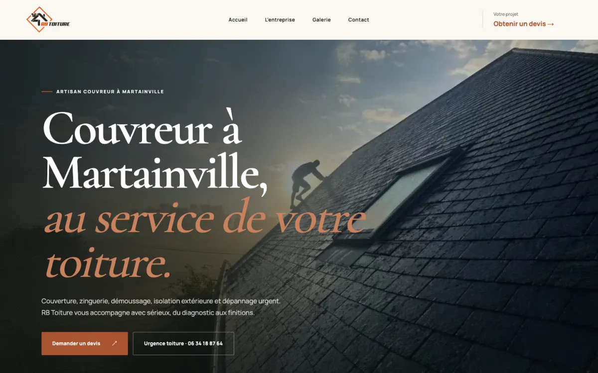 Page d’accueil du site de RB Toiture